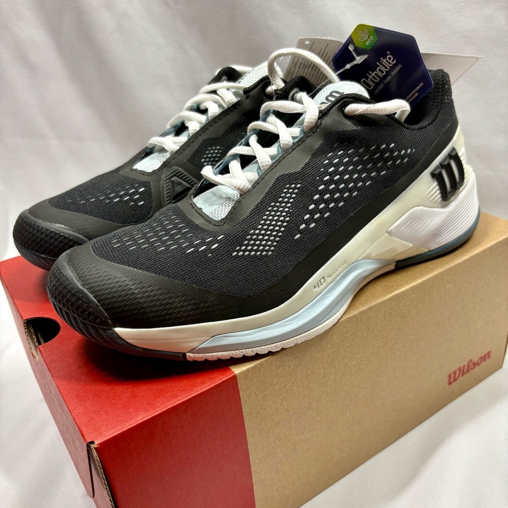 NWT Wilson Rush Pro 4.0 Women's Tennis Shoes in Black, White, & Blue. Size 8